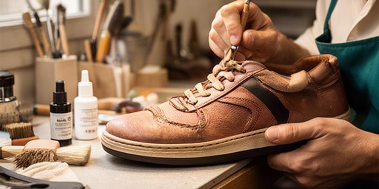 Artigiano al lavoro su una sneaker in pelle nel laboratorio di Torre del Greco